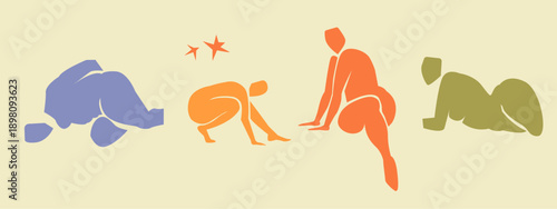 Woman figures contemporary abstract silhouette, hand drawn cut out feminine form different poses. Flat collage mid-century style, applique unique design, female shape poster, decorative art. Isolated.