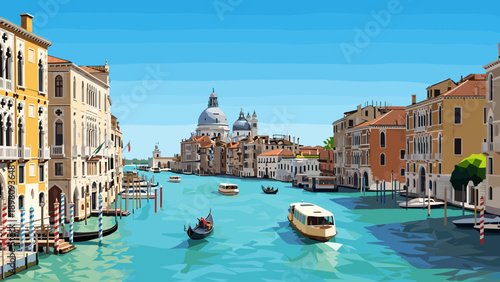 Colorful geometric venice canal scene with boats and historical architecture