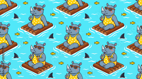 Cute Cartoon Rhinos Summer Vacation Seamless Pattern. Kawaii rhinoceroses wearing sunglasses and swimsuits floating on wooden rafts in the blue ocean with shark fins.