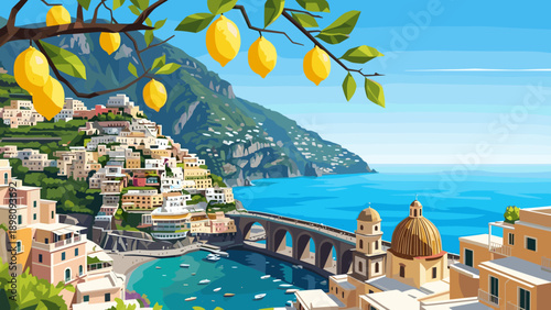 Coastal italian landscape with vibrant lemon tree and ocean view in flat art style