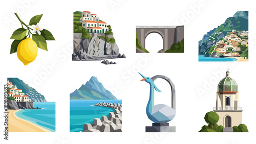 Scenic coastal landmarks and architecture in geometric style