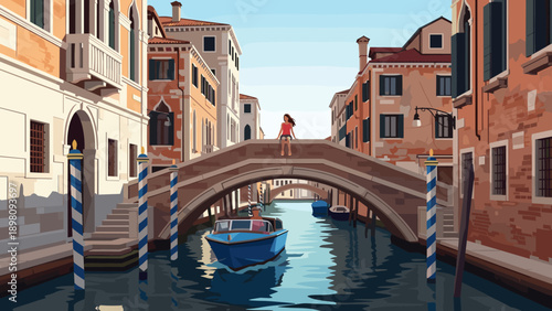 Charming canal scene with bridge and boat in vibrant urban setting