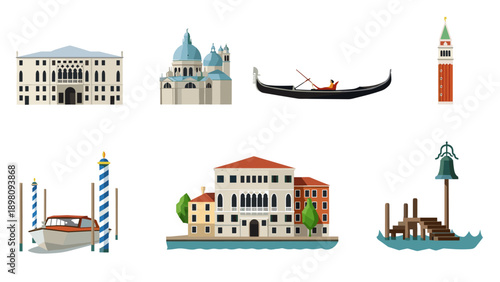 Iconic venice landmarks and gondola in flat design for travel and culture themes