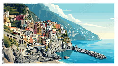 Scenic seaside village with colorful houses and majestic mountain view