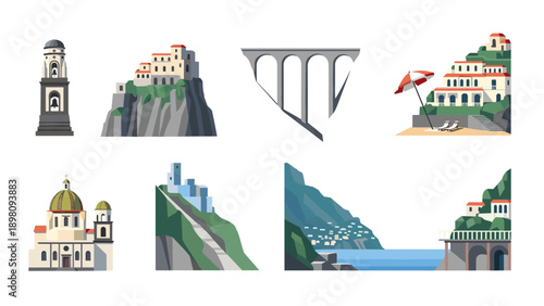 Stylized coastal mediterranean architecture and landmarks in geometric art design