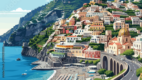 Vibrant coastal town on cliffside with ocean view and colorful buildings