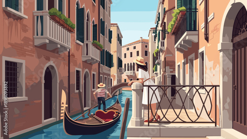 Romantic venice canal scene with gondola and tourists in summer