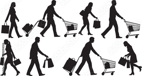 Diverse group of people carrying shopping bags and trolleys in a shopping scene isolated on white background, Vector