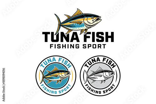 Tuna fish colorful badge logo design set for fishing sport. Bluefin tuna modern patch sticker graphic pack for fisher and tournament. Ocean tuna, Saltwater fish, Pelagic fish