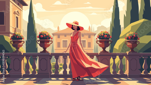 Elegant woman in sun hat strolling through an idyllic mediterranean villa garden at sunset