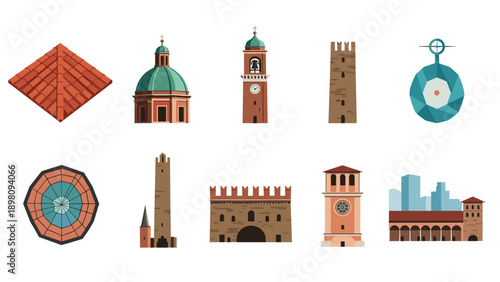 Colorful italian architecture icons set featuring historic buildings and landmarks
