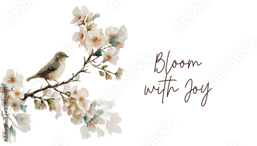 Spring bird illustration with cherry blossoms on branches. Delicate watercolor painting of cute sparrows, flowers and botanical elements in vintage floral frame composition. Vector illustration.