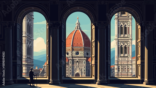 Majestic view of florence cathedral from arched balcony in morning light