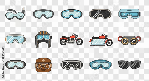 A collection of various goggles, a diving mask, a pilot's helmet, motorcycles, and binoculars, illustrating different types of protective eyewear and vintage transport.