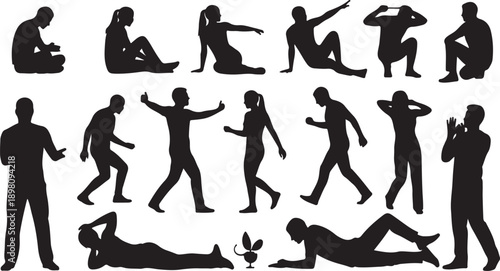Silhouettes of people engaged in various activities and poses isolated on white background, Vector