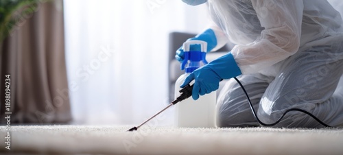 The pest control technician spraying insecticide on a living room carpet to exterminate pests