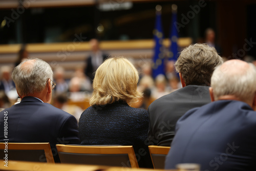 Back View of EU Politicians at Session in European Parliament, Political Meeting and Decision Making Concept