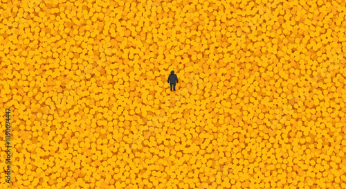 A solitary figure stands centered within an expansive, vibrant yellow field of countless identical elements, representing individuality amongst the masses.