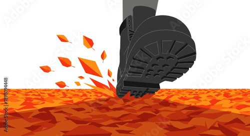 A heavy boot decisively steps onto a vibrant carpet of autumn leaves, scattering them with impactful force, symbolizing the transition of seasons and change.