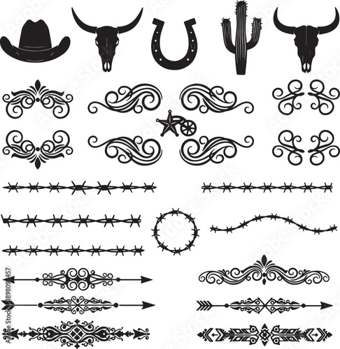 Collection of black western and decorative on white background also transparent background cowboy hat
