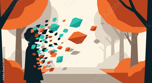 An abstract illustration of a human silhouette dissolving into vibrant geometric shapes against an autumnal forest, symbolizing mental health, identity, and personal growth.