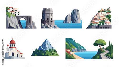 Colorful coastal landmarks and architecture with geometric style