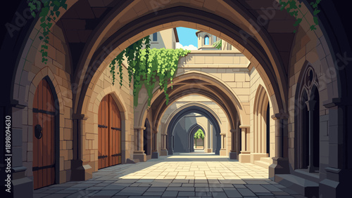 Medieval archway corridor with stone walls and ivy in sunlight