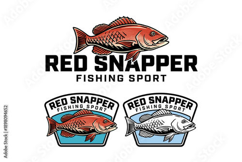 Red snapper fish colorful badge logo design set for angling sport club. Reef saltwater coastal fish modern patch sticker graphic pack for fishing sport and tournament. Vector Illustration