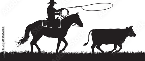 Silhouette of a cowboy on horseback lassoing a cow in a grassy field also transparent background rope 1