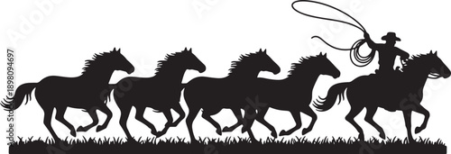 Silhouette of a cowboy on horseback lassoing a herd of running horses across grassy terrain also transparent background