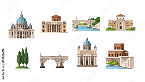 Iconic roman architecture set with basilicas and bridges in flat design