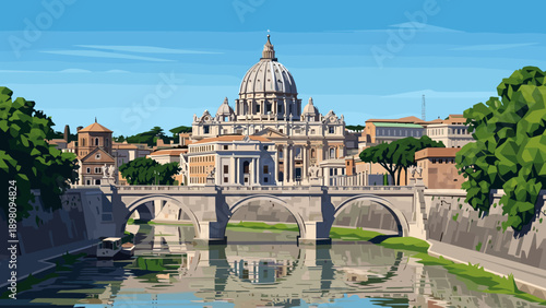 St. peter's basilica and bridge in vivid flat art style