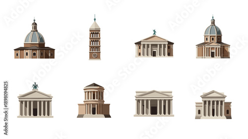 Classical architectural landmarks set featuring domes and columns
