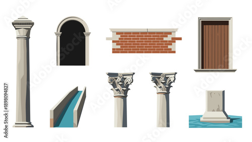 Classic architectural elements: columns, arches, and windows in flat design