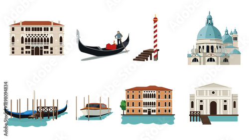 Venice architecture and gondola tour: iconic landmarks and waterways in a flat design
