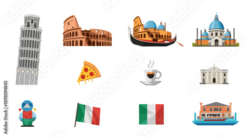 Italian icon set featuring landmarks, cuisine, and cultural symbols