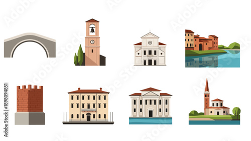 Italian architecture collection: historic buildings and landmarks in minimalist style