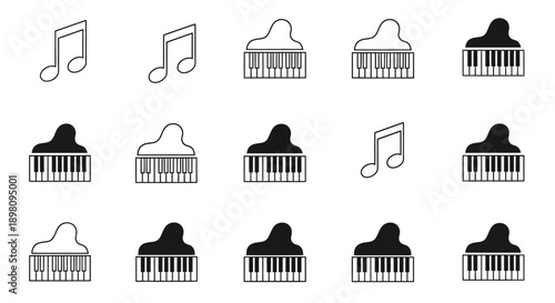A grid of various musical icons including eighth notes and piano keyboards in both outline and filled black styles, perfect for graphic design.