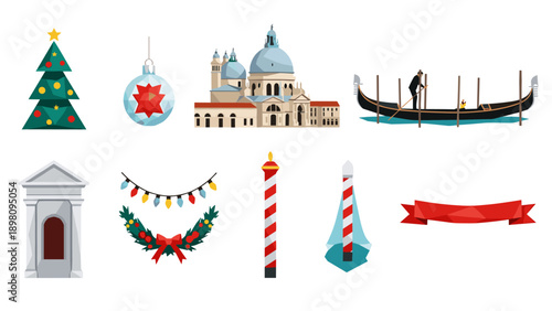 Festive italian icons: christmas and venice in low poly art style