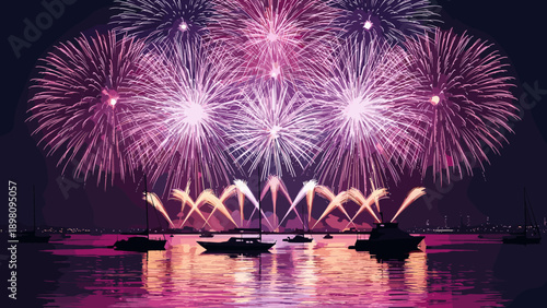 Vibrant fireworks display over water with silhouetted boats at night