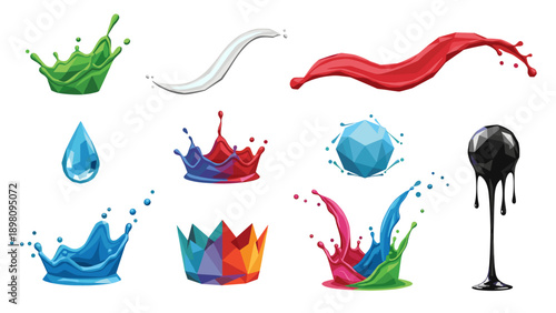 Colorful 3d paint splash collection with geometric designs and liquid effects