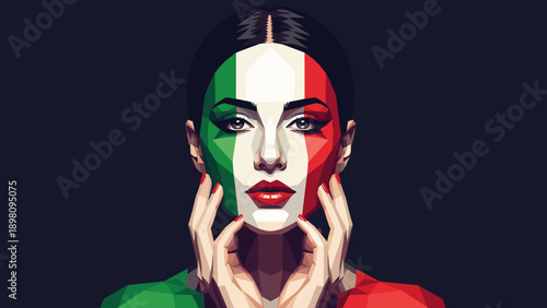 Abstract polygon art: woman with italian flag makeup on dark background