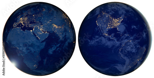 City lights on Earth at night isolated on transparent background, World map, satellite image. Elements of this image furnished by NASA.