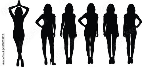 Vector set of black female fashion silhouettes in various stylish poses, slender woman figures for clothing design, model portfolio, and lifestyle illustrations,