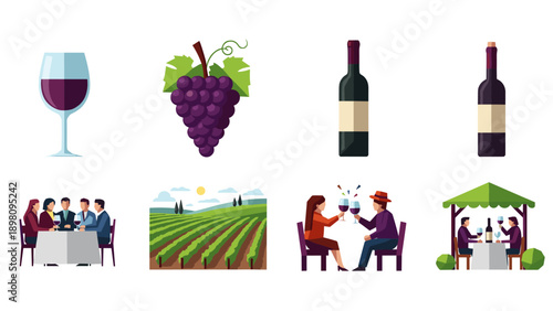 Wine tasting and vineyard icons: glasses, bottles, grapes, tasting, and tours
