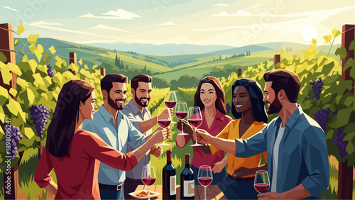 Group toasting with wine in vineyard during sunset with hills in background