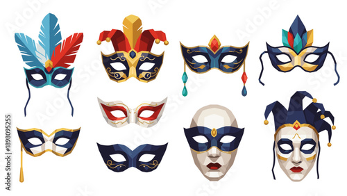 Colorful low poly masquerade masks collection for festive and carnival themes