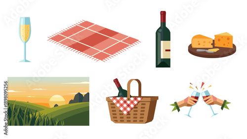 Picnic essentials on a summer evening: wine, cheese, blanket, and more