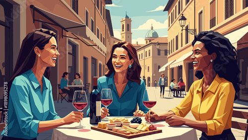 Friends enjoying a relaxing day at an outdoor cafe in a charming european town