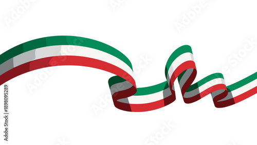 Italian flag ribbon on white background: curved tricolor design